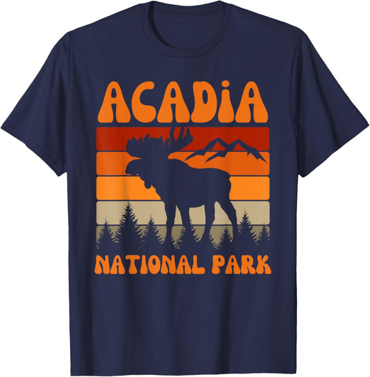 Acadia National Park Maine Moose Hike Outdoors Retro T-Shirt - T-Shirt | Navy