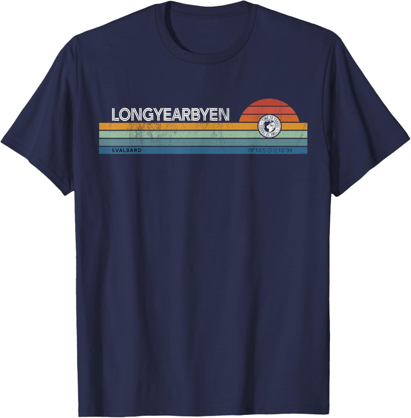 Longyearbyen Svalbard Norway Retro Sunset Rainbow Synth Idea T-Shirt - T-Shirt | Navy