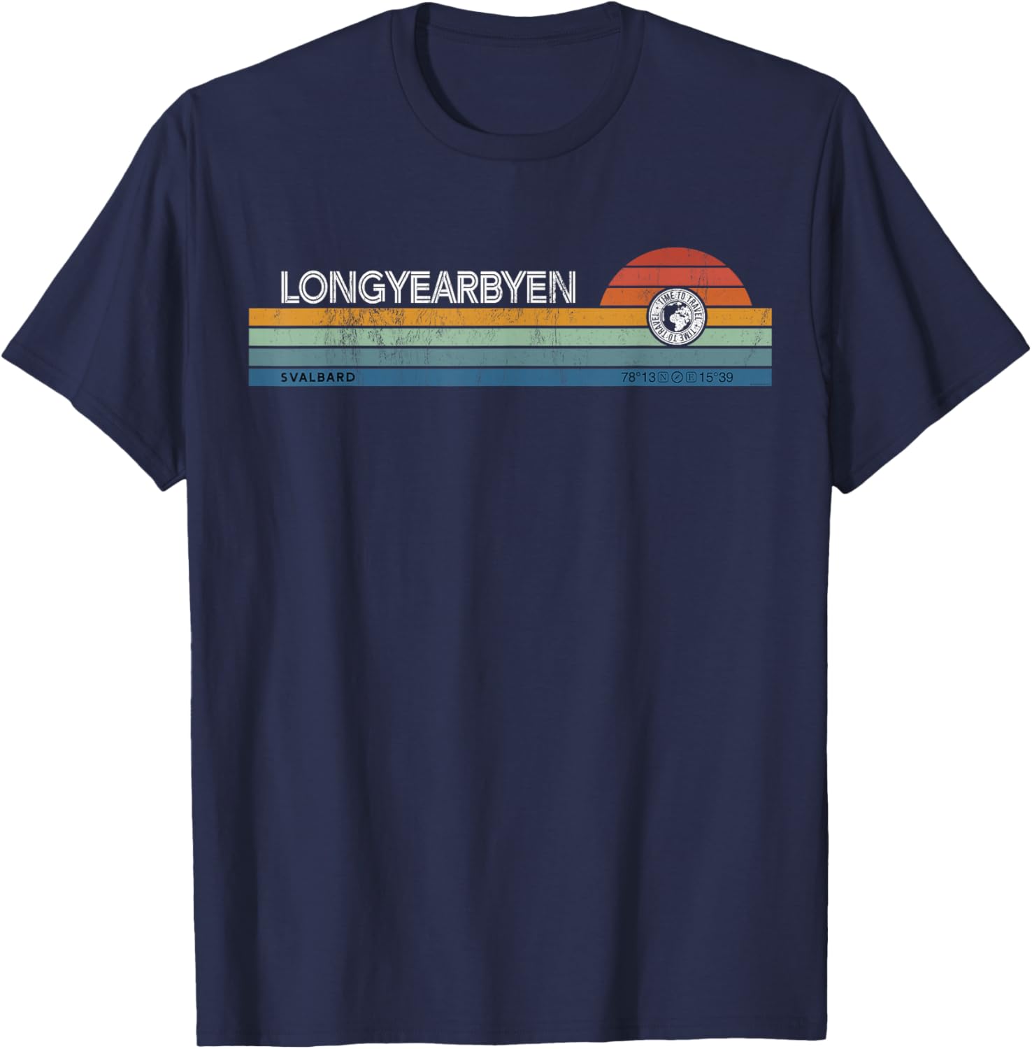 Longyearbyen Svalbard Norway Retro Sunset Rainbow Synth Idea T-Shirt - T-Shirt | Navy