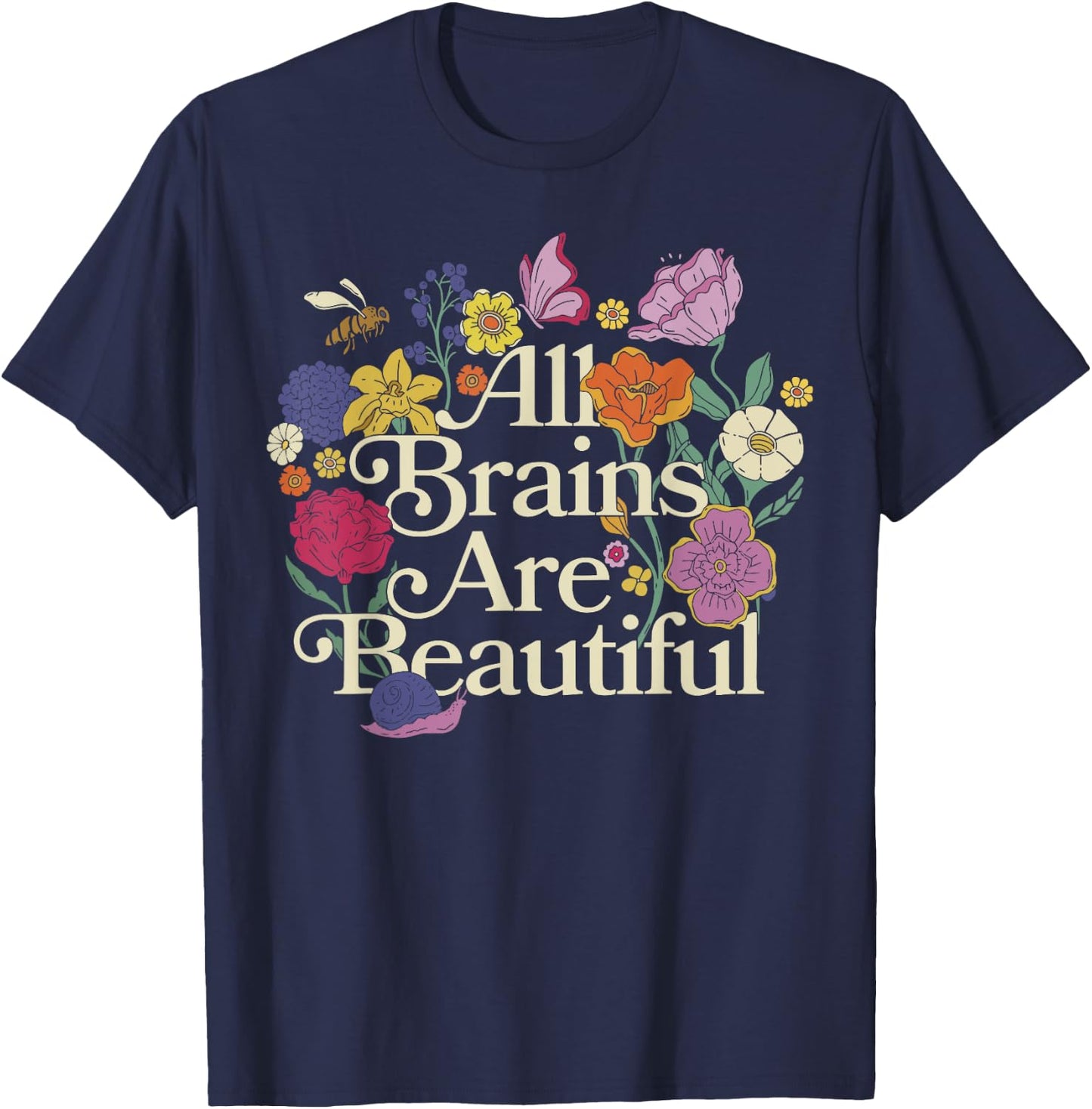 Groovy All Brains Are Beautiful Floral Autism Awareness SPED T-Shirt - T-Shirt | Navy