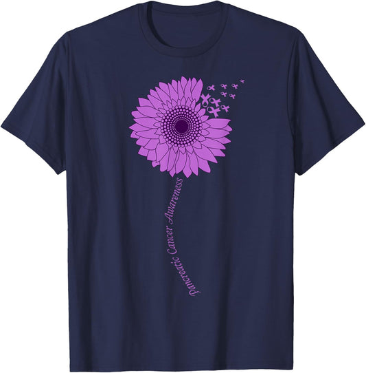 Pancreatic Cancer Awareness Sunflower Purple Ribbon T-Shirt - T-Shirt | Navy