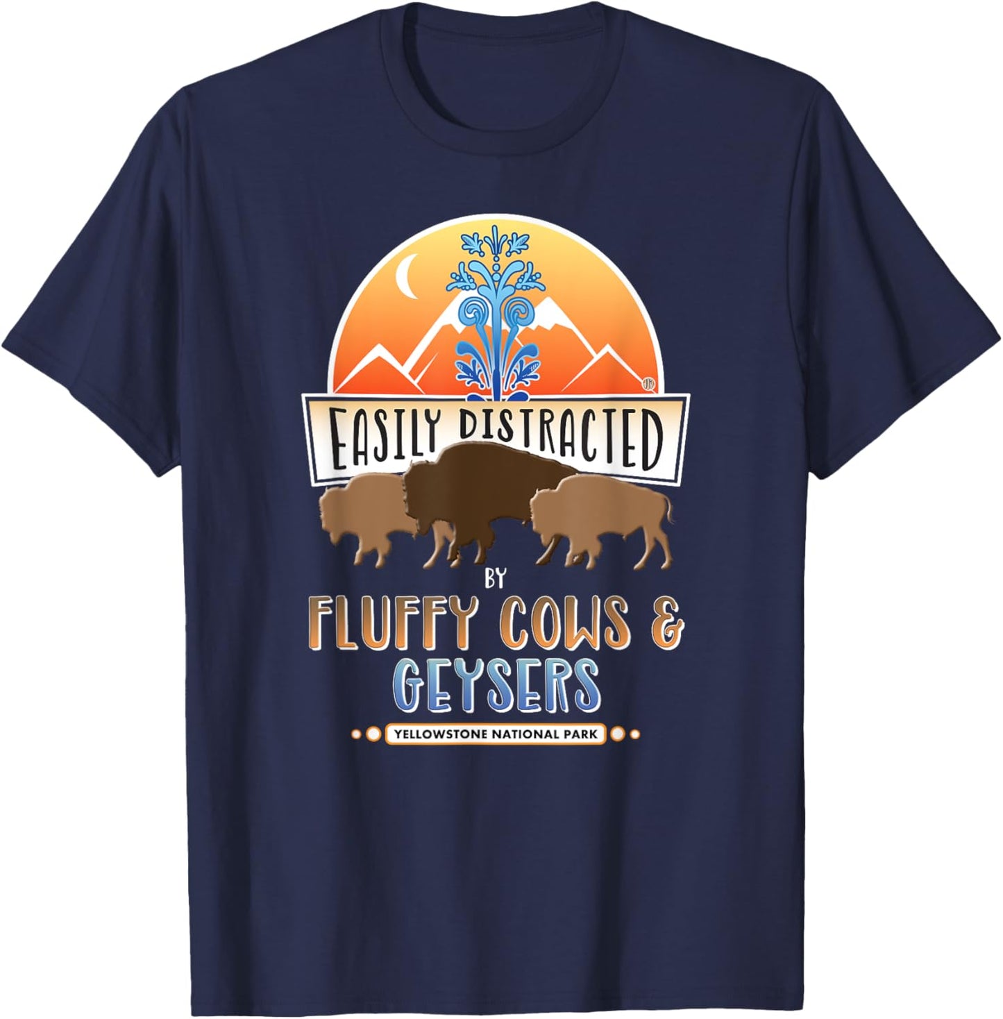 Yellowstone Fluffy Cow Bison & Old Faithful Geyser T-Shirt - T-Shirt | Navy