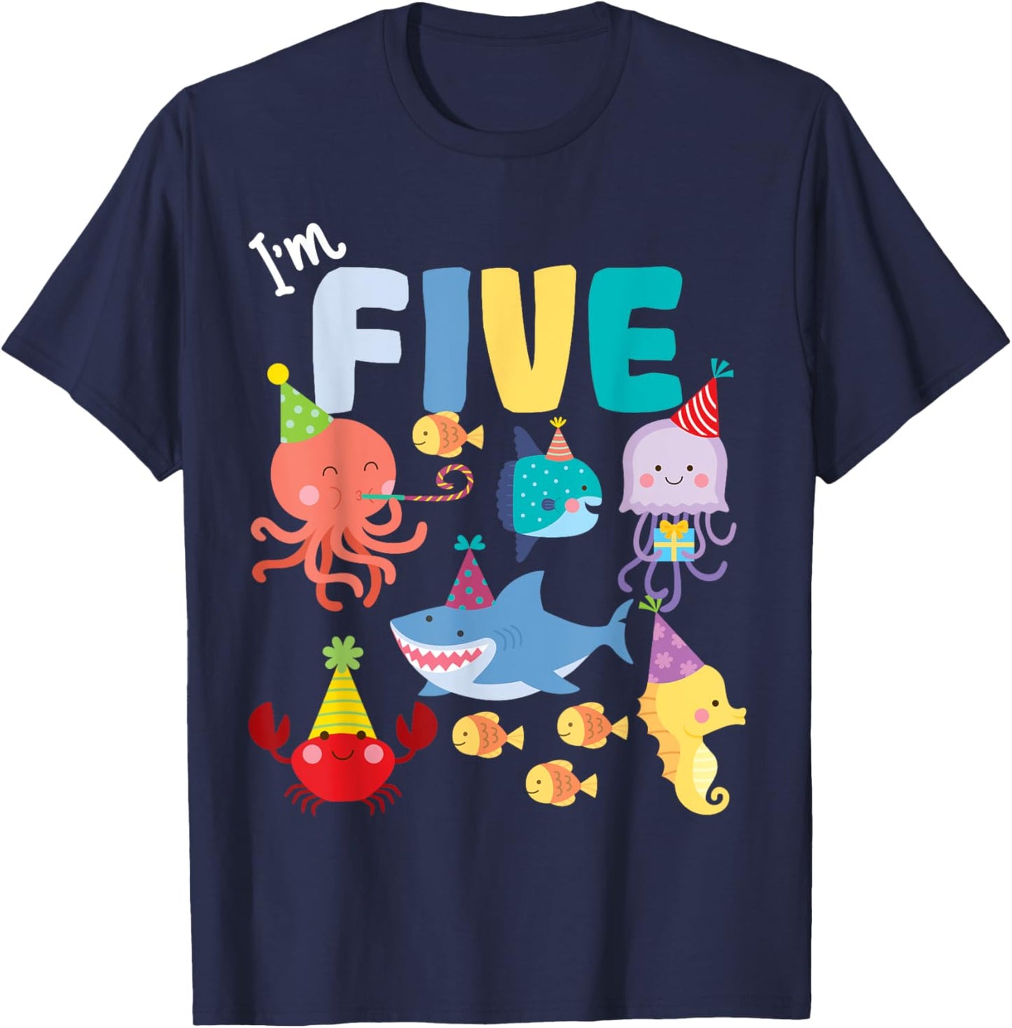 Cute Sea Animals Ocean Creatures Party 5th Birthday I'm Five T-Shirt - T-Shirt | Navy