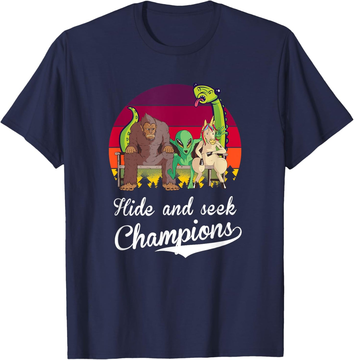 Hide and Seek Champions, Bigfoot, Alien, Unicorn, Loch Ness T-Shirt - T-Shirt | Navy