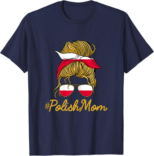 Polish Mom Mothers Day Polska Messy Bun Poland Mama T-Shirt - T-Shirt | Navy
