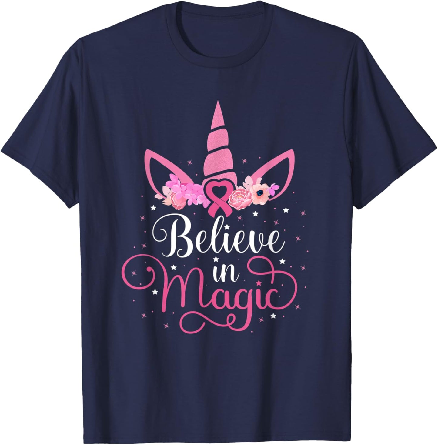 Breast Cancer Unicorn Magic Pink Ribbon Awareness Fighter T-Shirt - T-Shirt | Navy