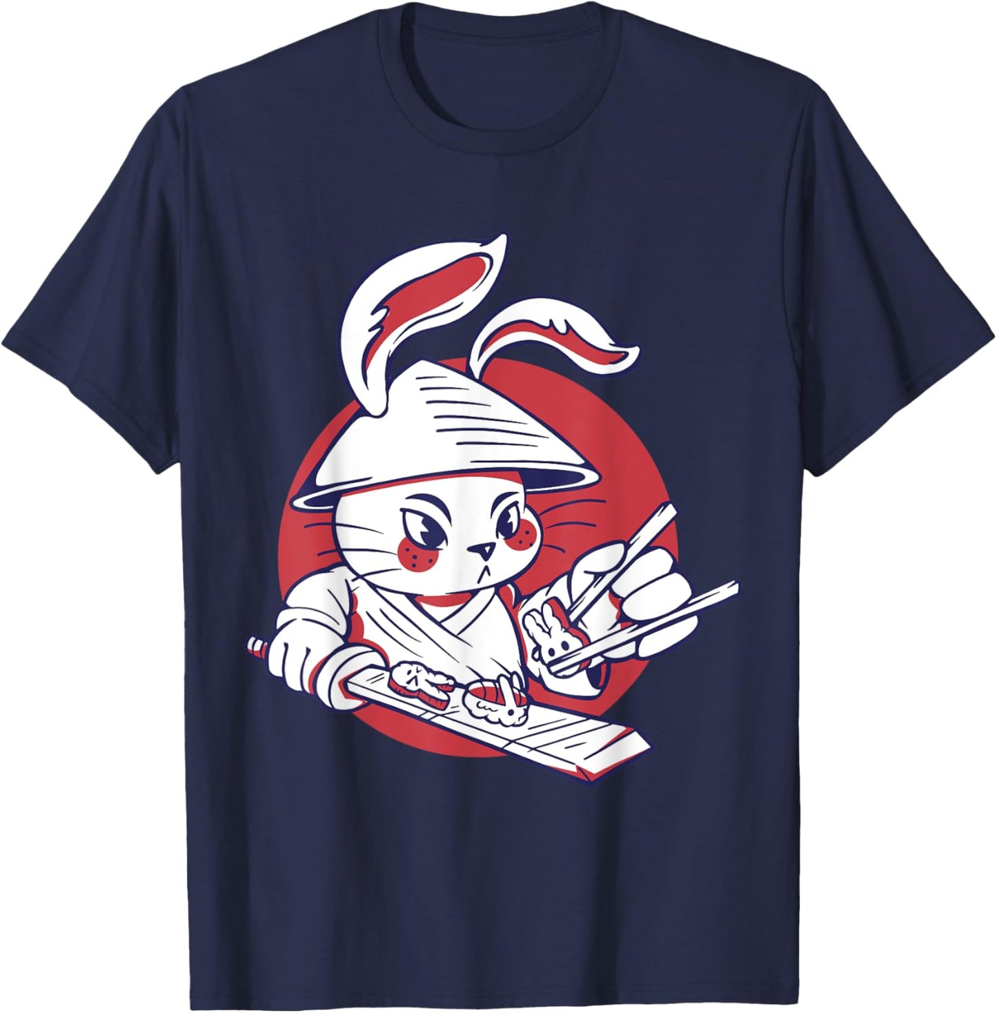 Kawaii Samurai Rabbit Chef Making Cute Bunny Sushi Food T-Shirt - T-Shirt | Navy