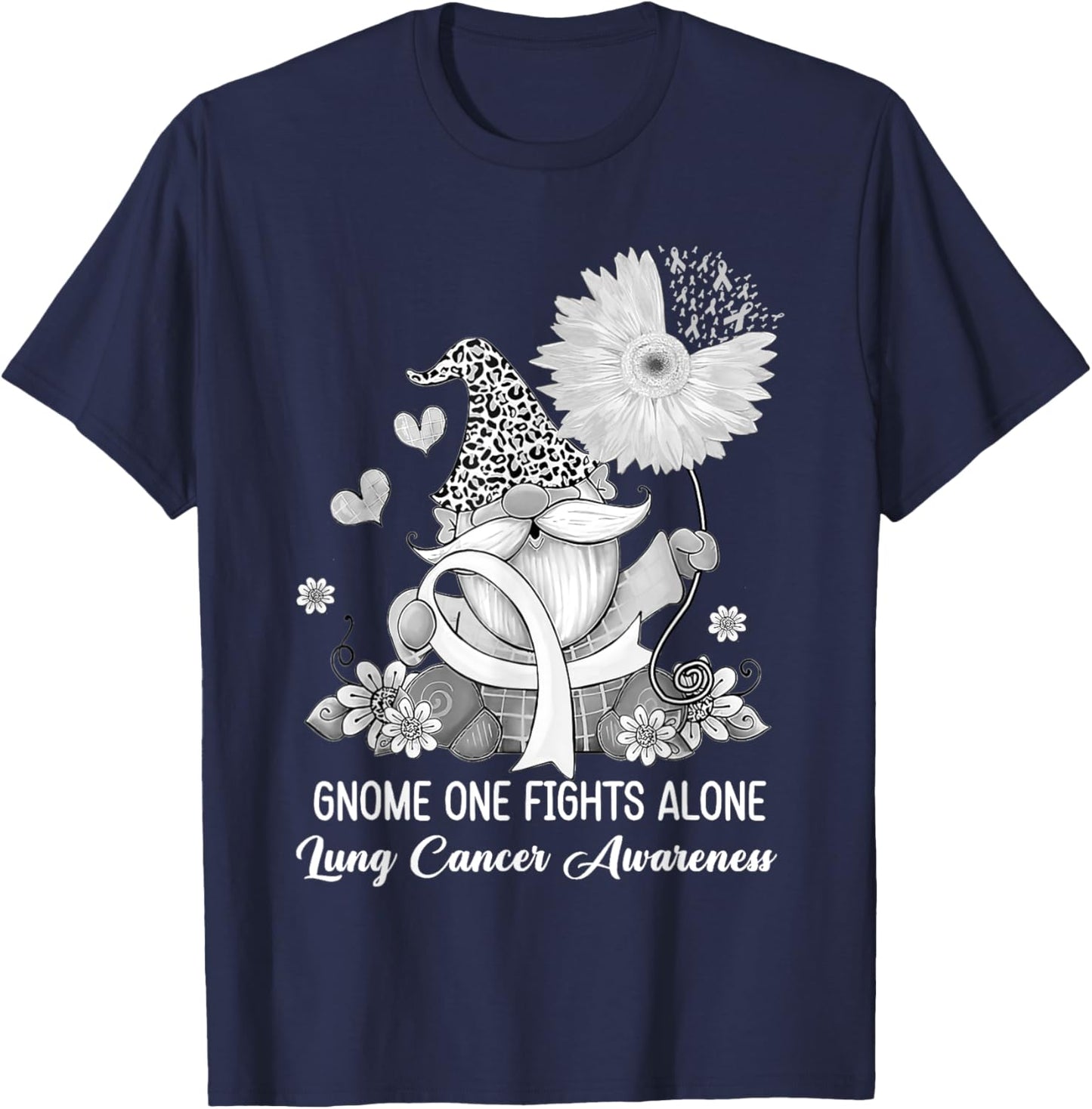 Gnome One Fights Alone Ribbon Lung Cancer Awareness T-Shirt - T-Shirt | Navy