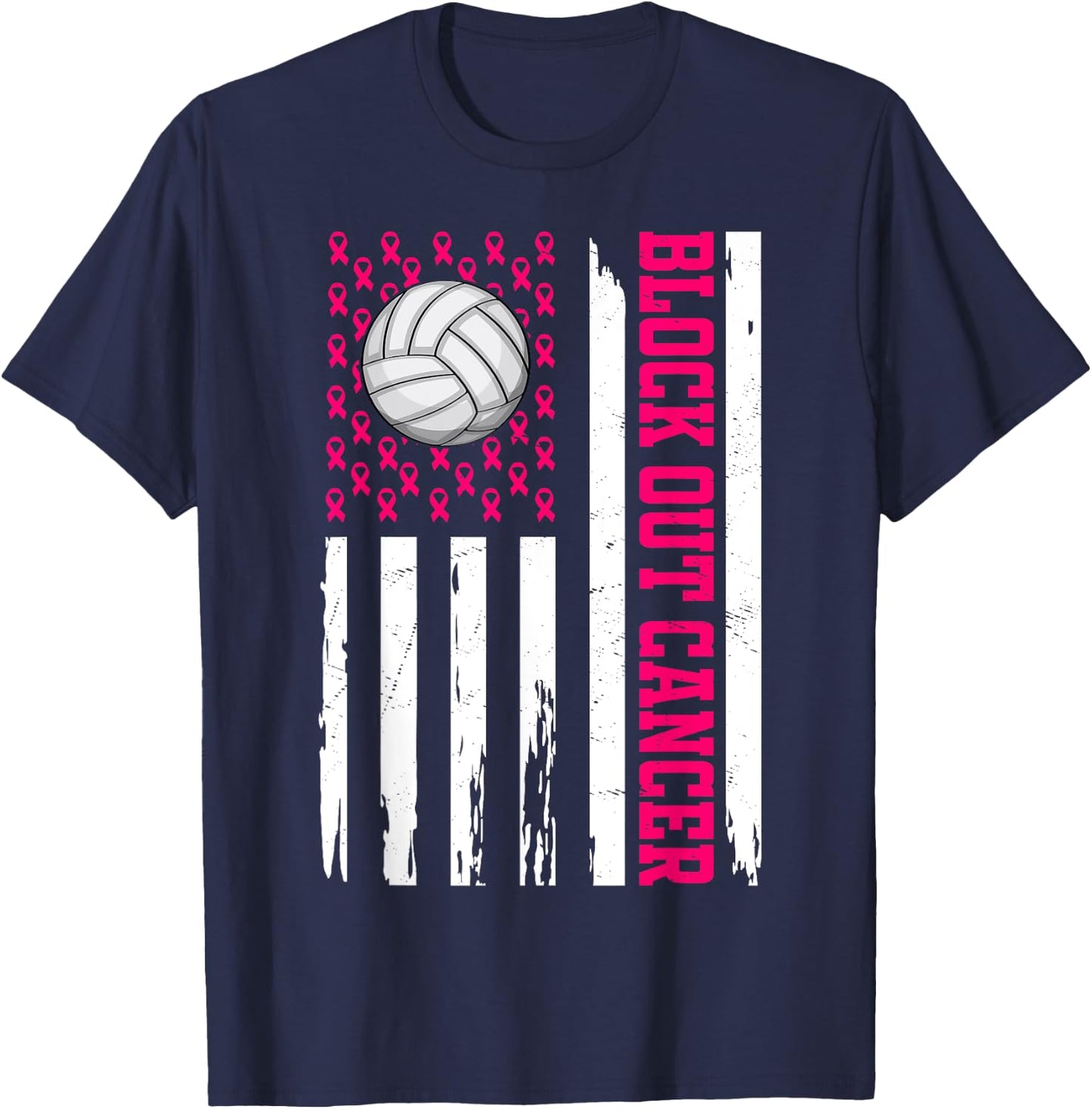 Volleyball Breast Cancer Awareness Block Out Cancer T-Shirt - T-Shirt | Navy