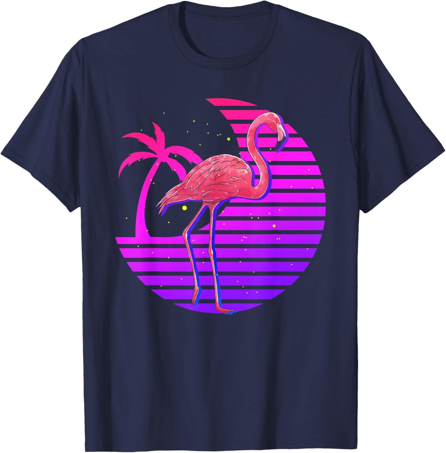 Synthwave Tropical Pink Flamingo Palm Trees Retro Vaporwave T-Shirt - T-Shirt | Navy
