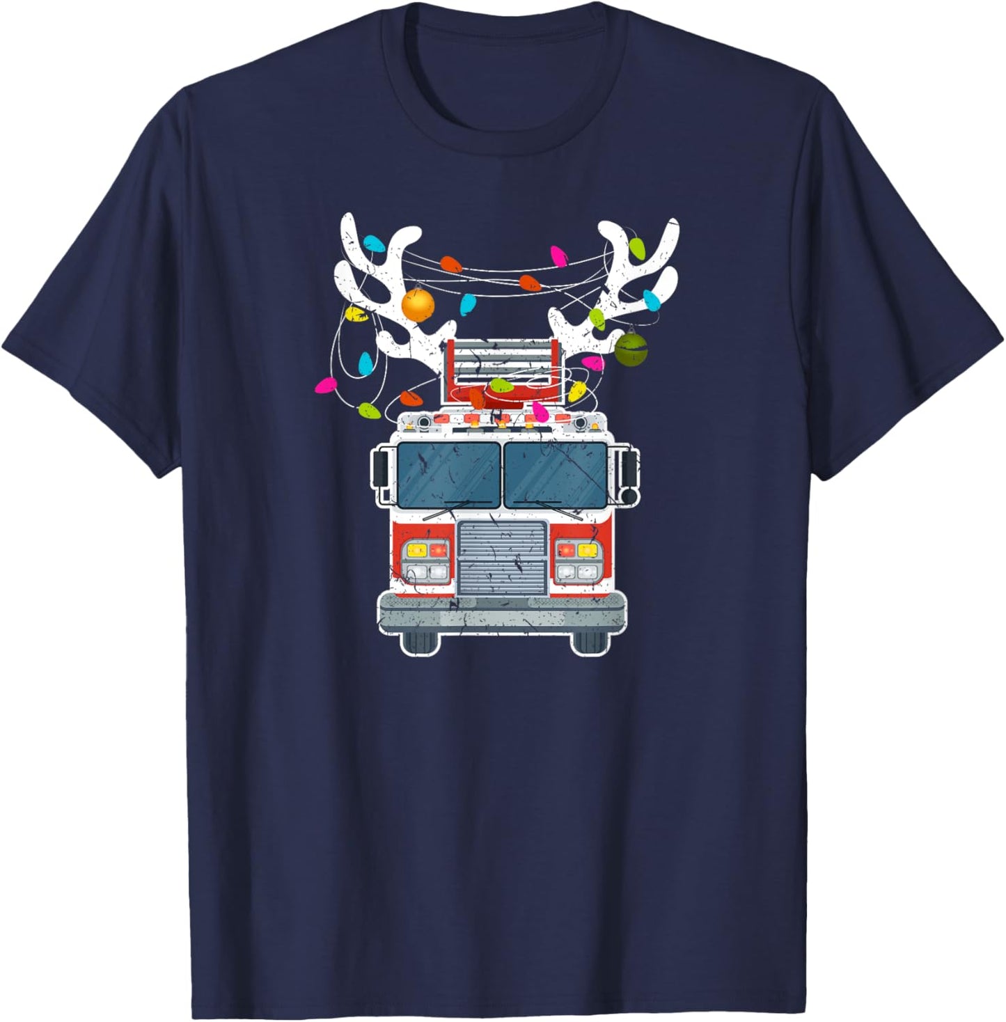 Xmas Fire Truck Reindeer Christmas Firefighter T-Shirt - T-Shirt | Navy