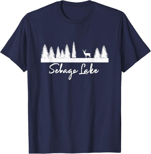 Sebago Lake Maine Rustic Deer Buck Woods Forest Campground T-Shirt - T-Shirt | Navy