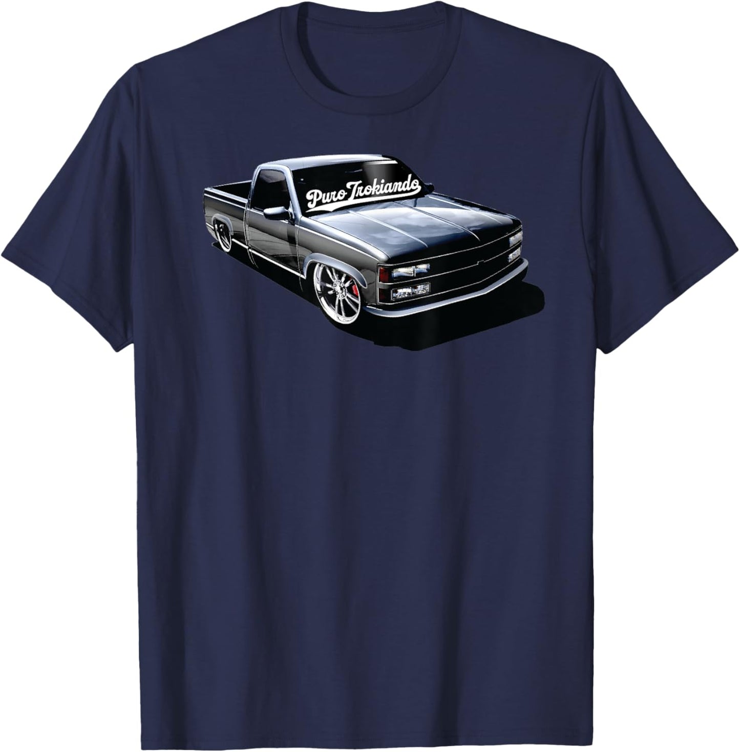 Puro Trokiando 1990s OBS Slammed Static truck on wheels T-Shirt - T-Shirt | Navy