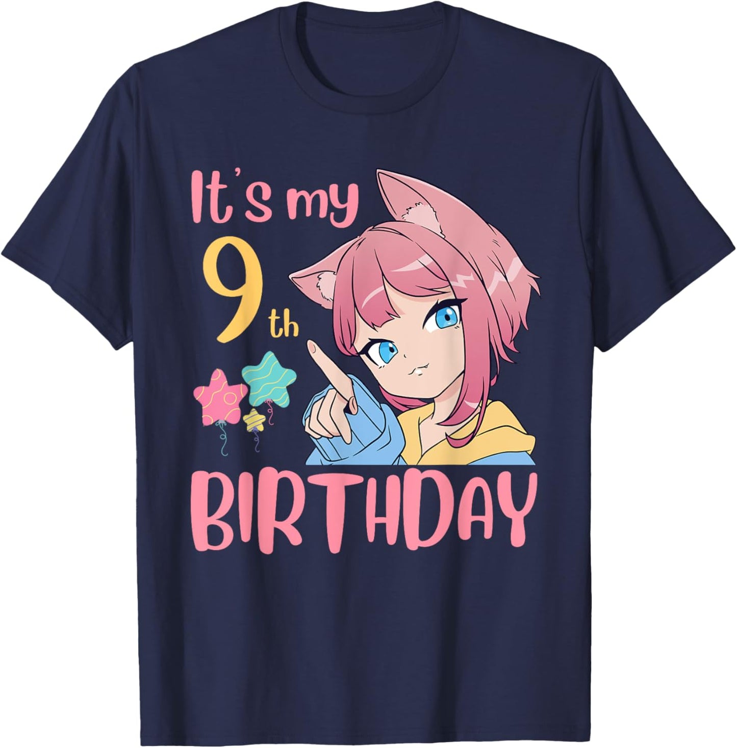 It's My 9th Birthday Anime Birthday Girl 9 Years Old Bday T-Shirt - T-Shirt | Navy