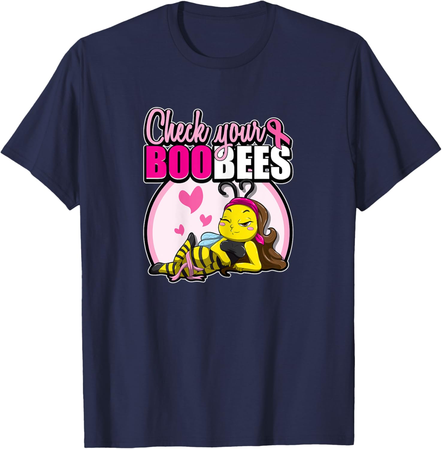 Breast Cancer Awareness Bee Pink Ribbon Check Your Boobees T-Shirt - T-Shirt | Navy