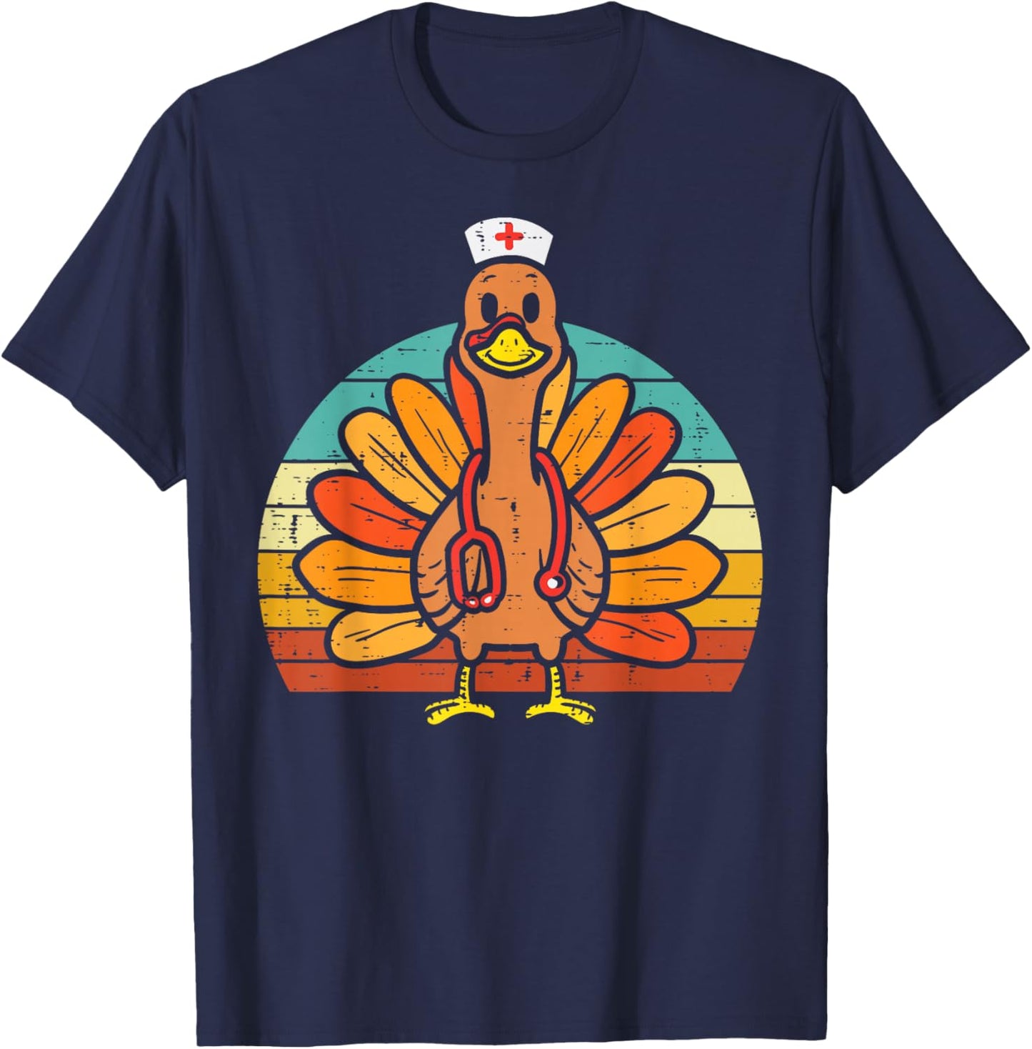 Turkey Nurse Stethoscope Thanksgiving Fall Scrub Top Women T-Shirt - T-Shirt | Navy
