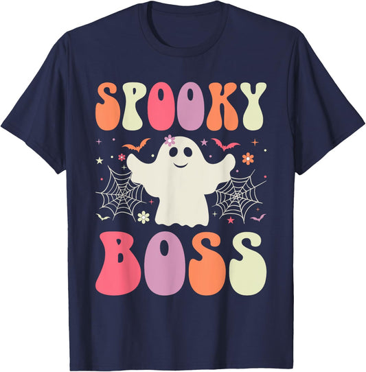 Spooky Boss Halloween Matching Skeleton Costume Retro Groovy T-Shirt - T-Shirt | Navy