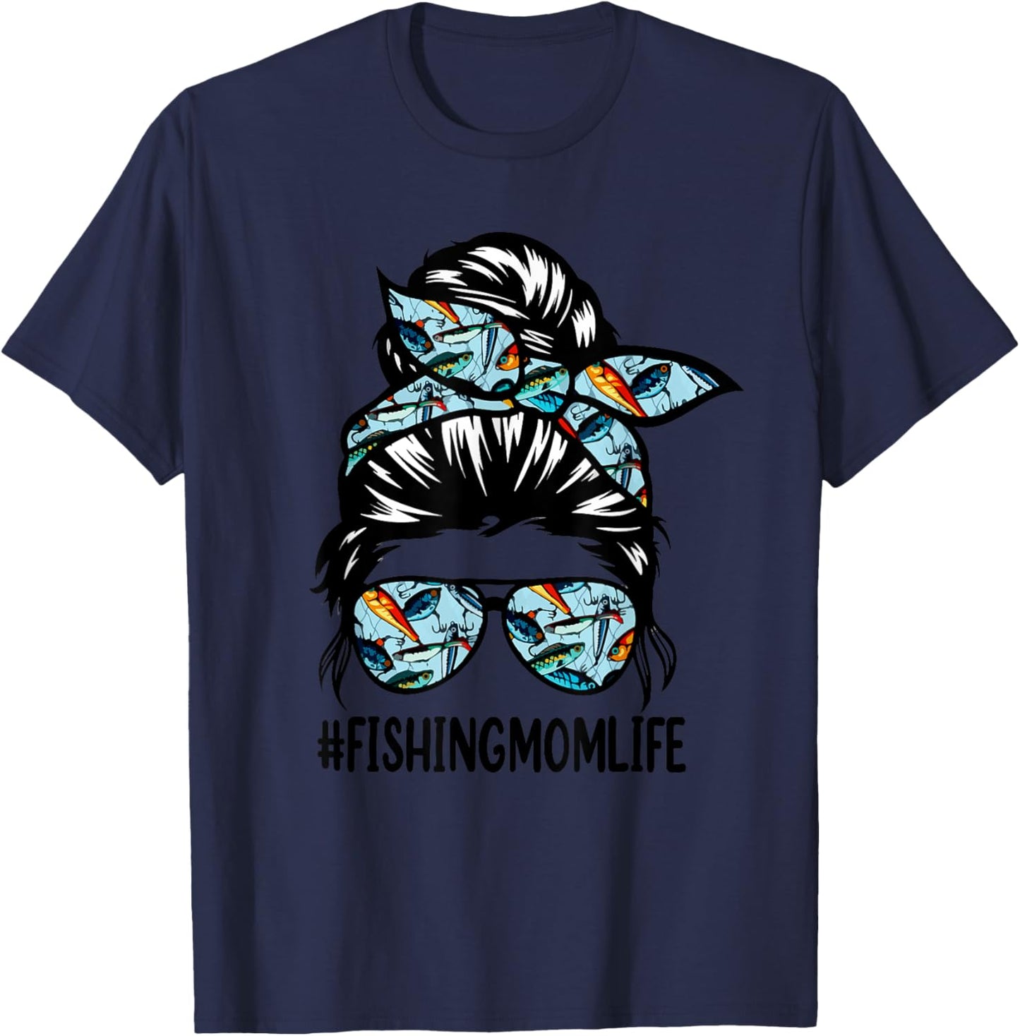 Fishing mom life Messy Bun Mom Funny Fishing Mom T-Shirt - T-Shirt | Navy