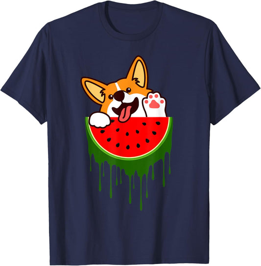 Cute Welsh Corgi Dog Watermelon Melon Tropical Fruit Lovers T-Shirt - T-Shirt | Navy
