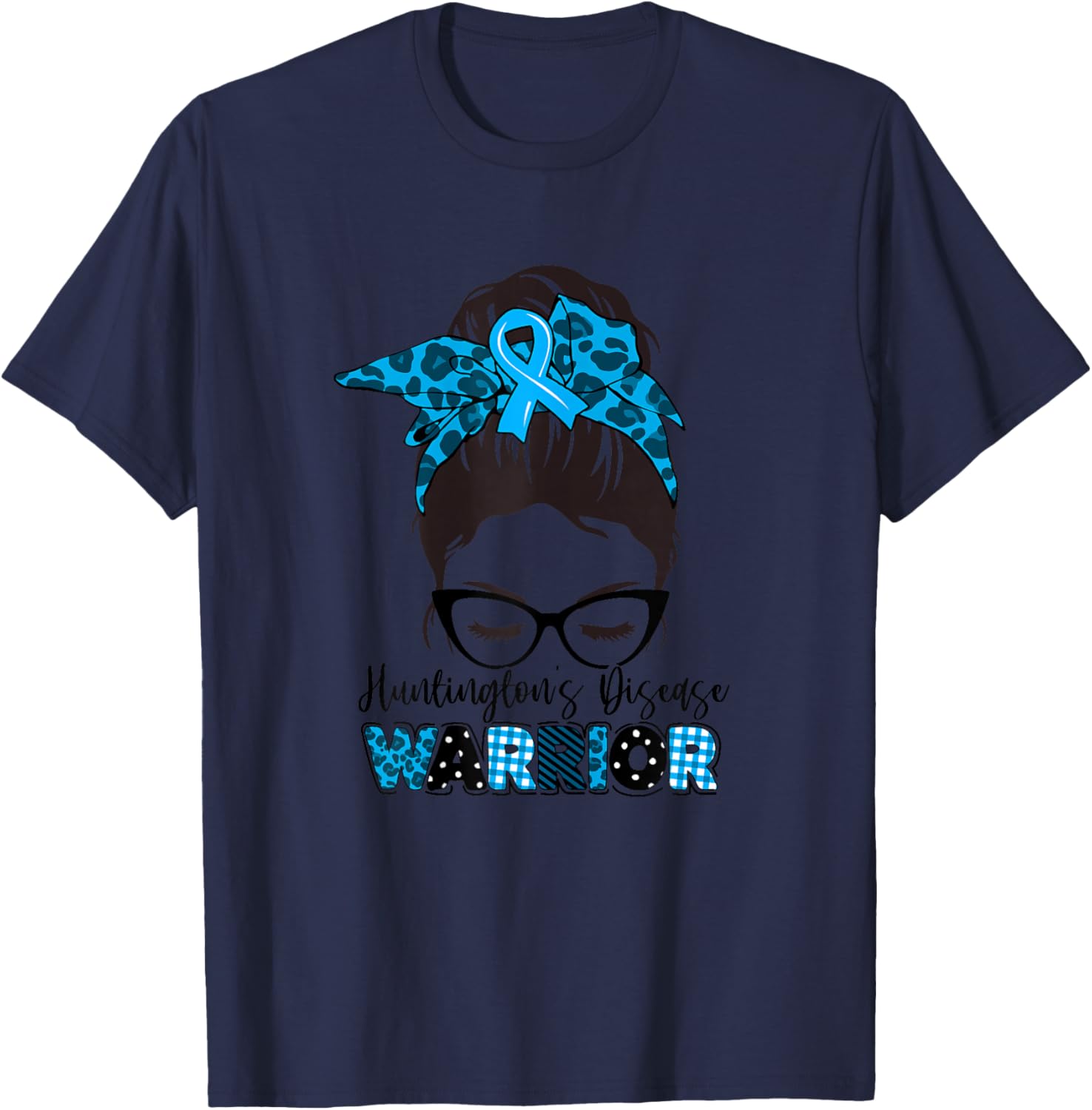 Tu Messy Bun Blue Ribbon Huntington's Disease Awareness T-Shirt - T-Shirt | Navy
