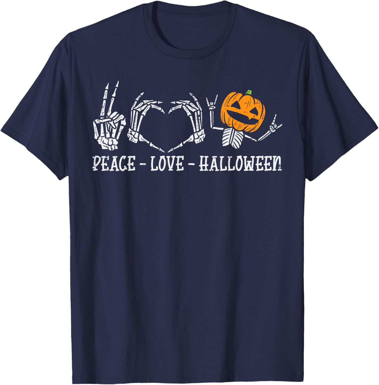 Skeleton Peace Love Pumpkin Funny Halloween Men Women Kids T-Shirt - T-Shirt | Navy
