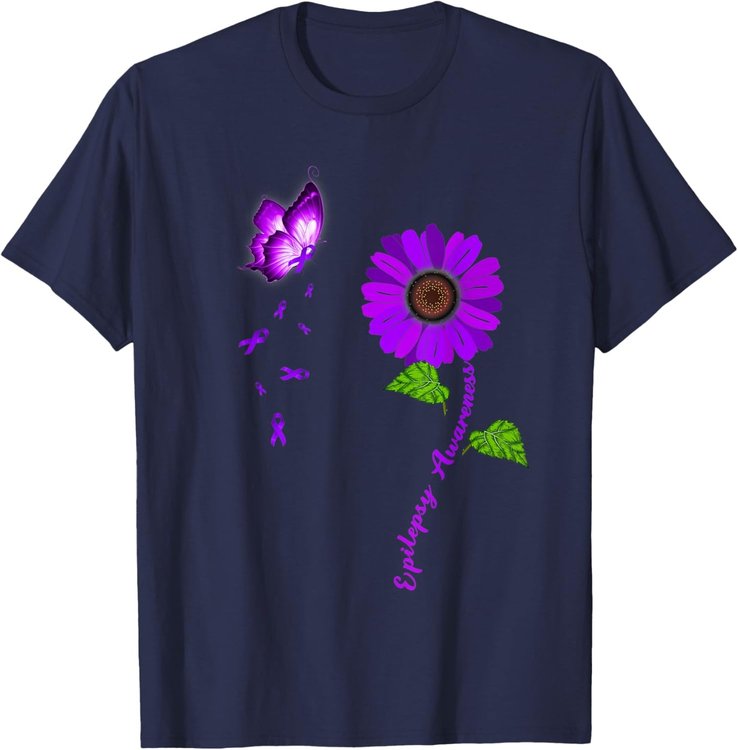 Epilepsy Awareness Purple Butterfly Sunflower Ribbon T-Shirt - T-Shirt | Navy