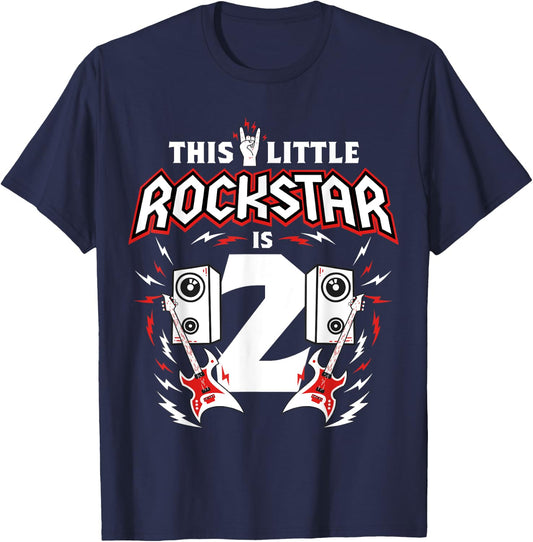 2nd Birthday Rock And Roll Star Guitar 2 Year Old B-Day T-Shirt - T-Shirt | Navy