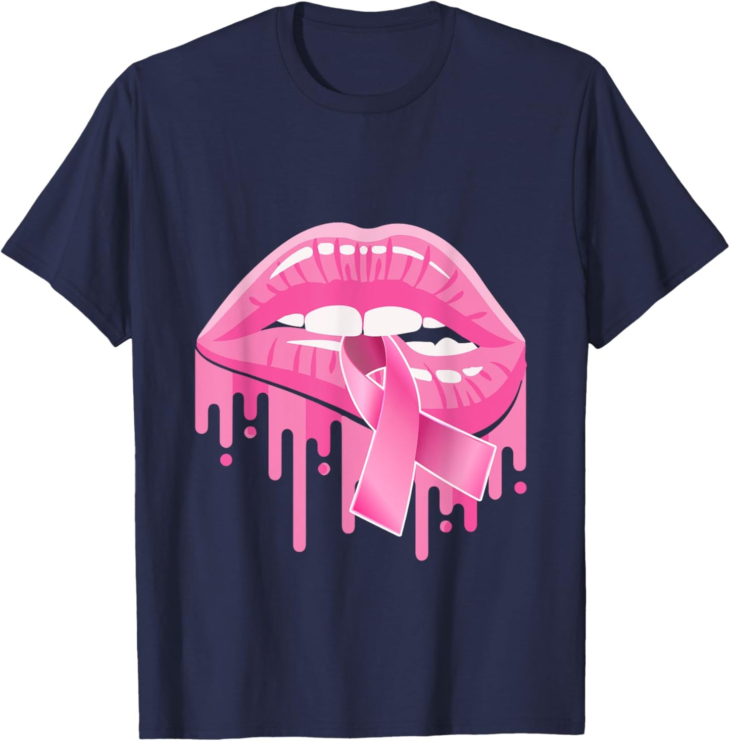 Breast Cancer Awareness Women Sexy Lips Pink Ribbon T-Shirt - T-Shirt | Navy