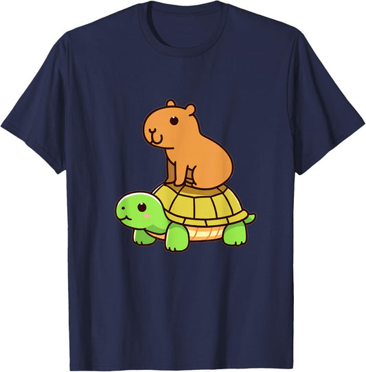 Kawaii Capybara And Turtle Backpack T-Shirt - T-Shirt | Navy
