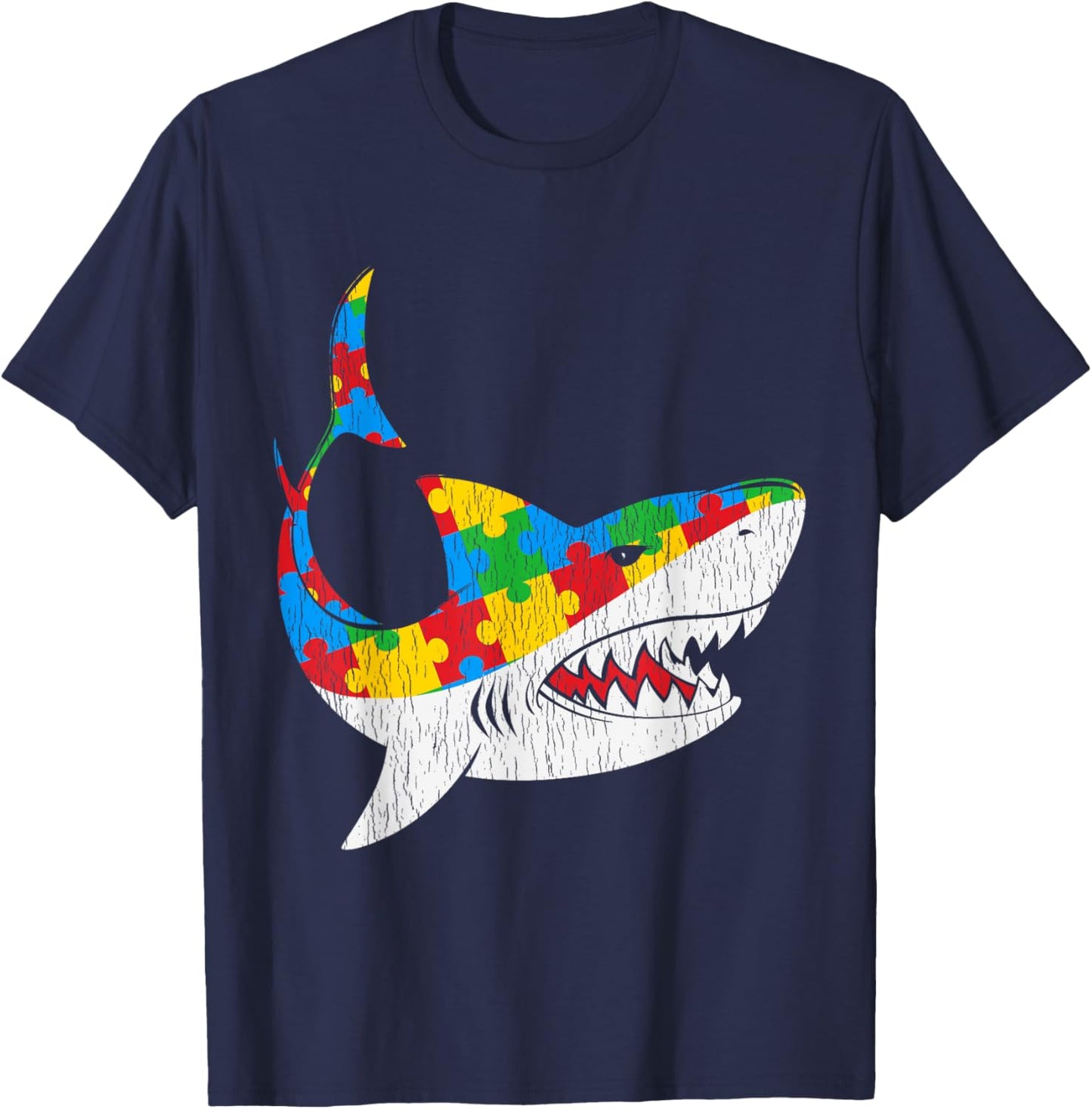 Vintage Shark Puzzle Autistic Kids Autism Awareness Shark T-Shirt - T-Shirt | Navy