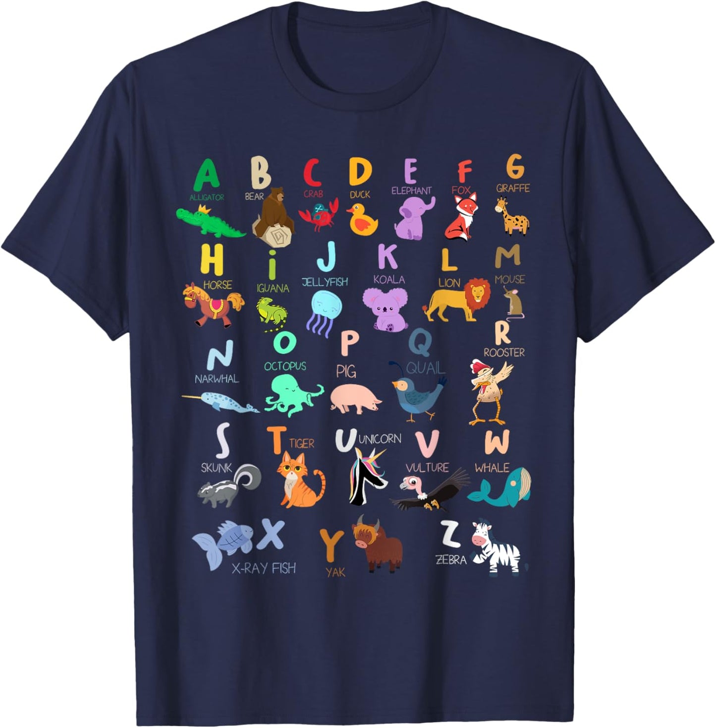 Alphabet Animal ABC Alligator Bear Crab Duck Elephant Fox T-Shirt - T-Shirt | Navy