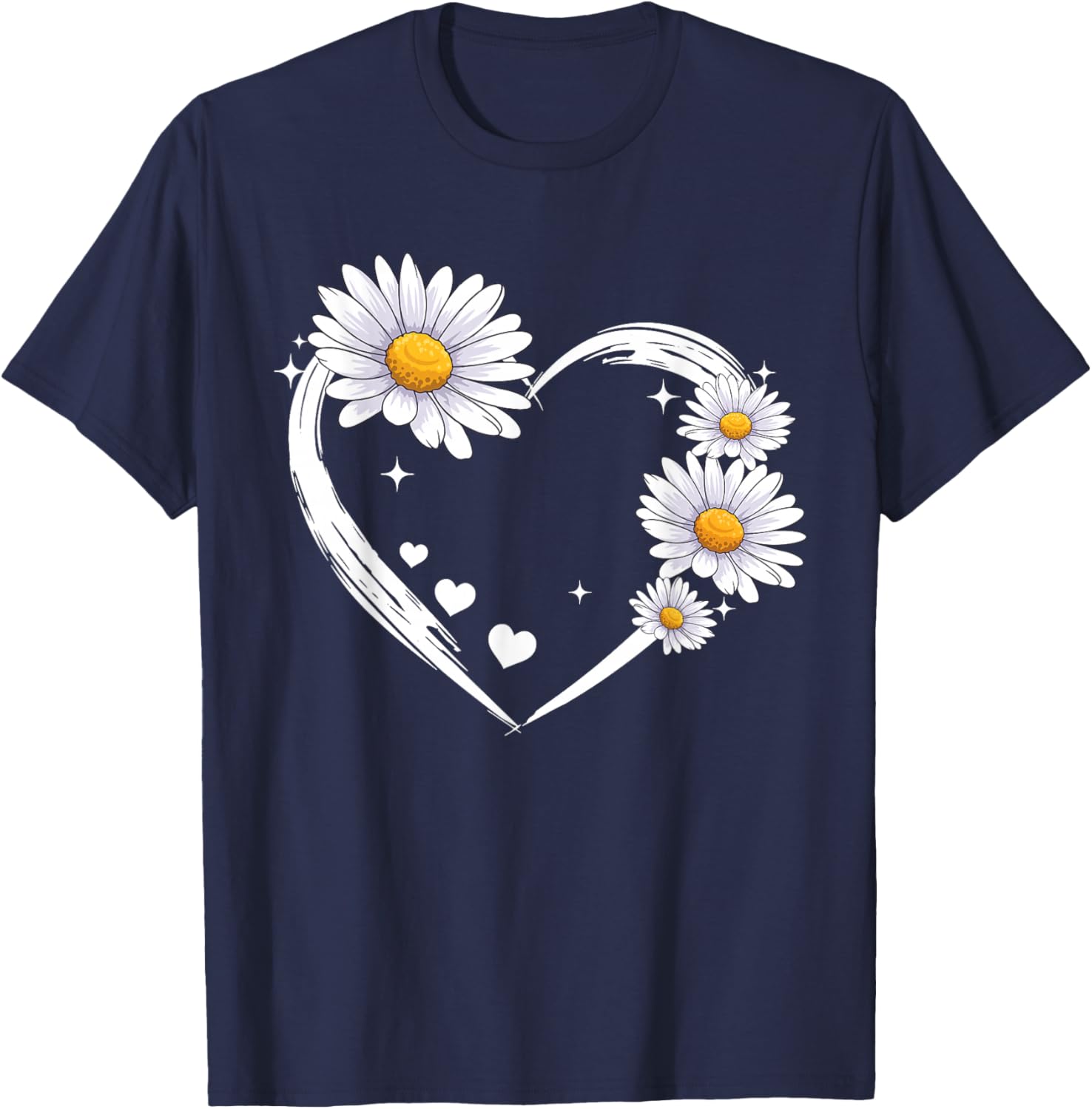 Heart with Daisy Flowers, Daisies with Heart Outline T-Shirt - T-Shirt | Navy