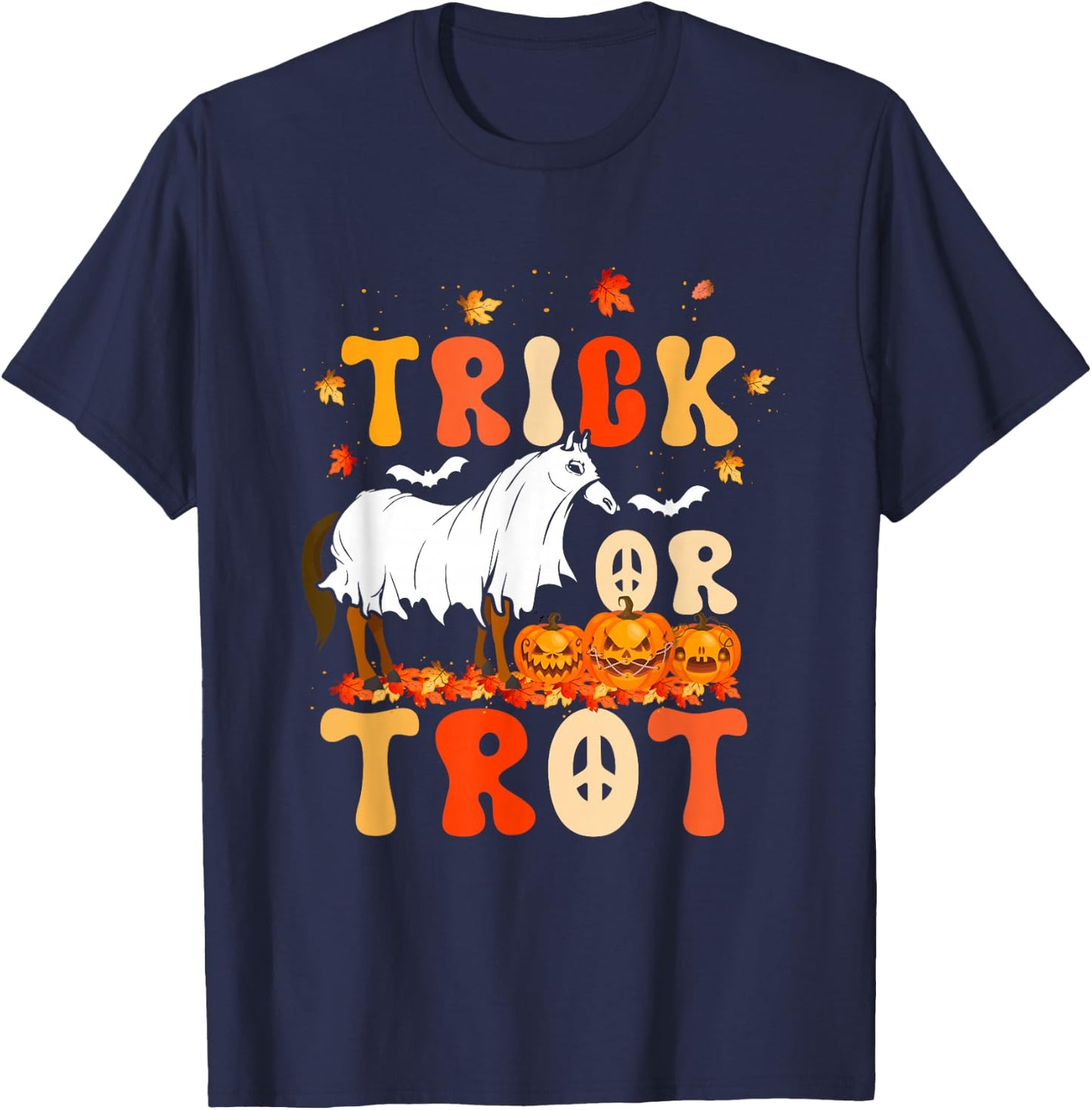 Trick Or Trot Funny Halloween Pumpkin And Cute Ghost Horse T-Shirt - T-Shirt | Navy