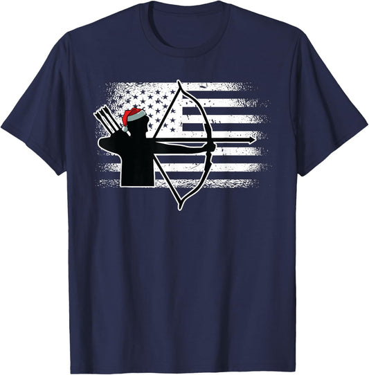 Archery American Flag Christmas Bow Hunting X-Mas Hunter Kids Men T-Shirt - T-Shirt | Navy
