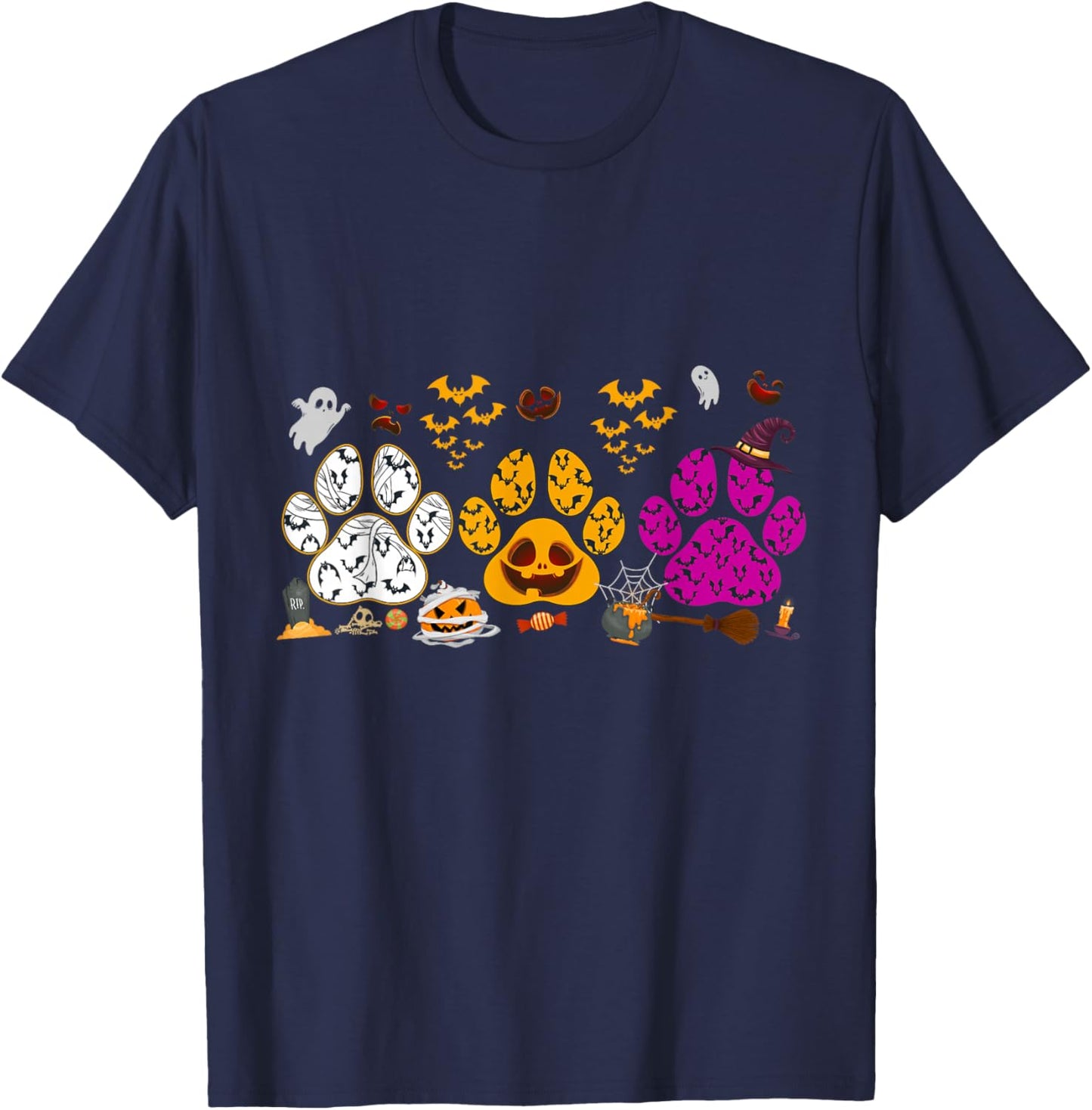 Funny Paw Print Halloween Dog Candy Pumpkin Ghost Dog Lovers T-Shirt - T-Shirt | Navy
