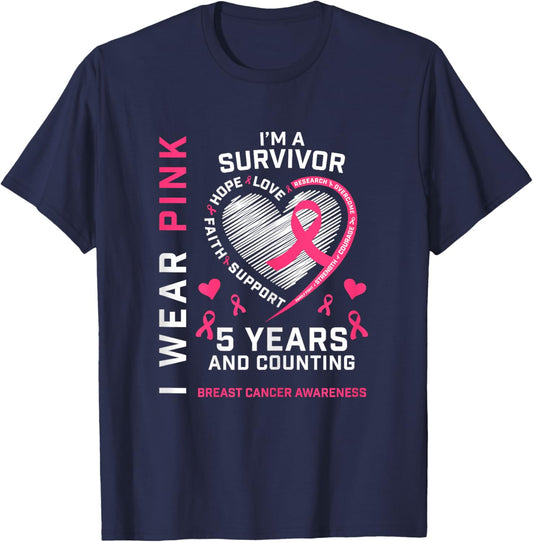 5 Years Cancer Free I Wear Pink I'm A Breast Cancer Survivor T-Shirt - T-Shirt | Navy
