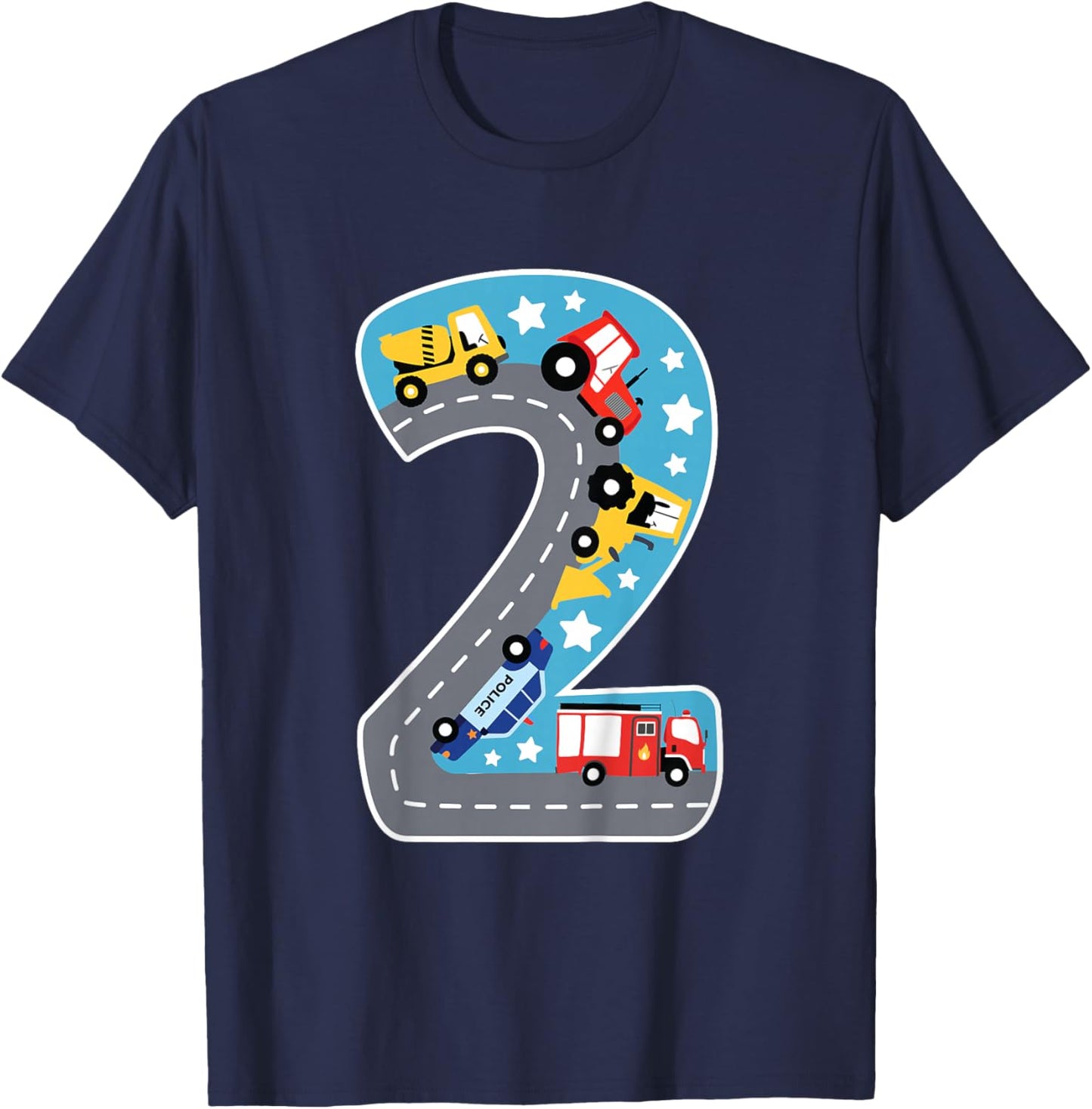 Boys Construction Machines Fire Brigade Police 2nd Birthday T-Shirt - T-Shirt | Navy