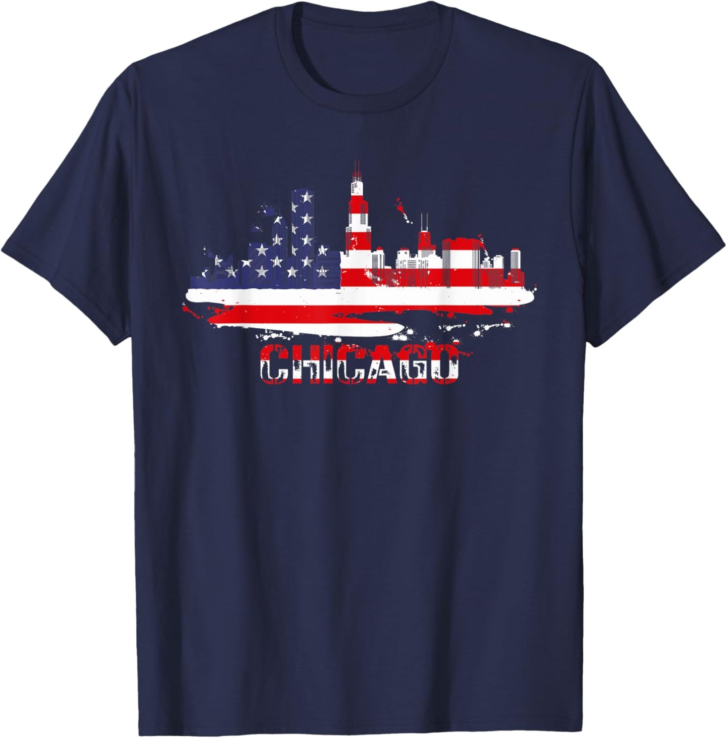 USA American Flag Cityscape - Chicago Illinois Skyline T-Shirt - T-Shirt | Navy