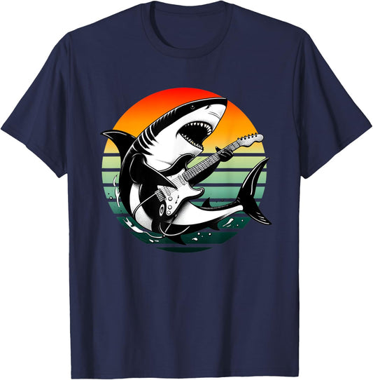 Shark Electric Guitar Sunset Musician Guitar Shark Lovers T-Shirt - T-Shirt | Navy