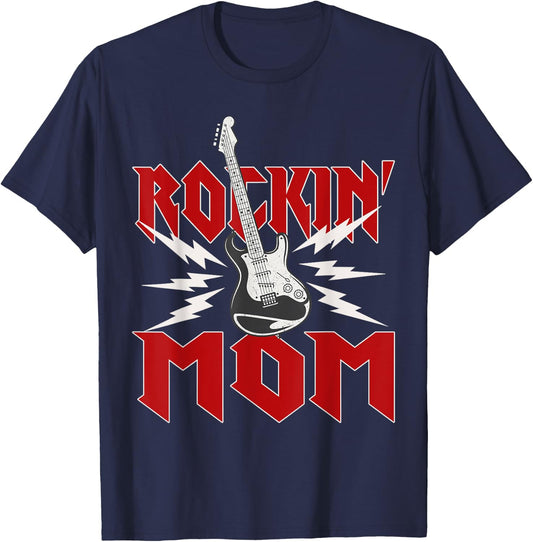Mom Rockin One Birthday Family Matching Rock Guitar T-Shirt - T-Shirt | Navy