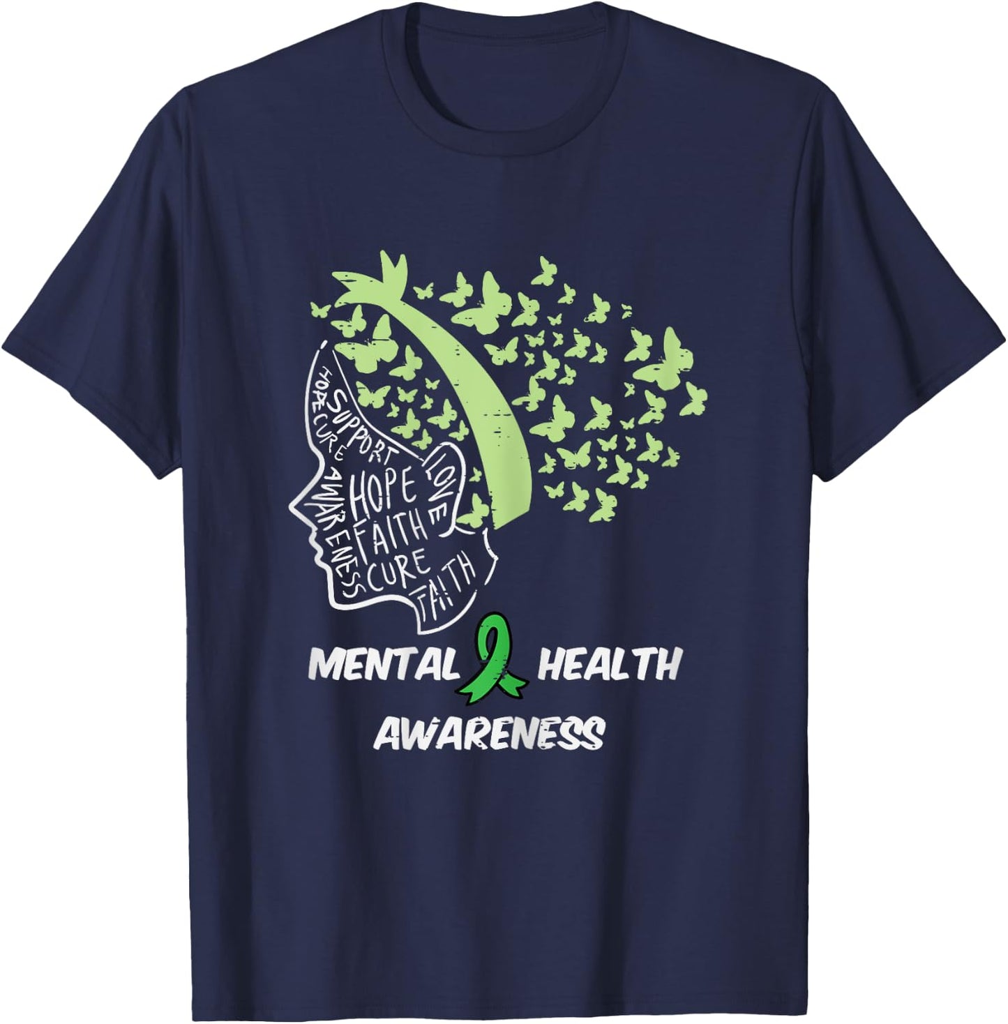 Mental Health Hope Cure Butterfly Hair Aware Girl Kids Women T-Shirt - T-Shirt | Navy
