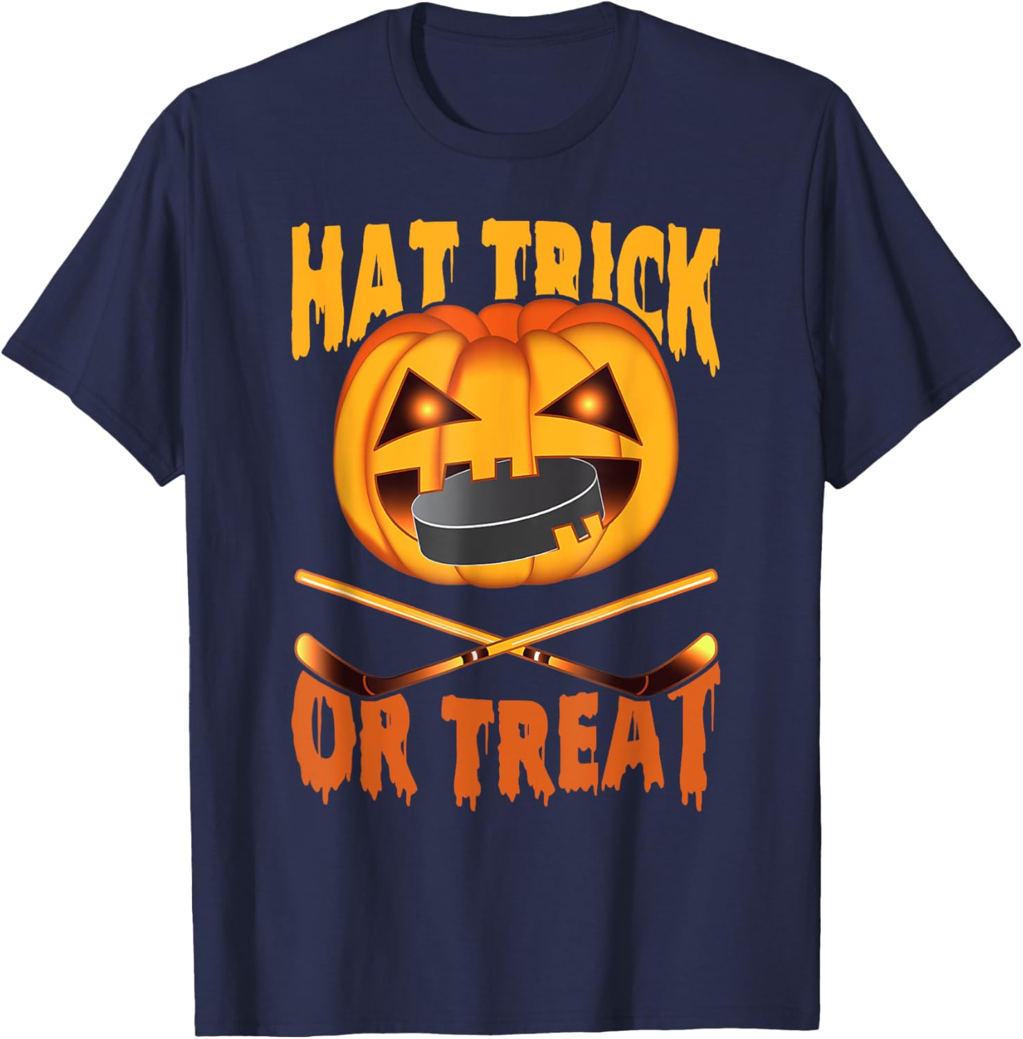 Hat Trick Or Treat Hockey Halloween T-Shirt - T-Shirt | Navy