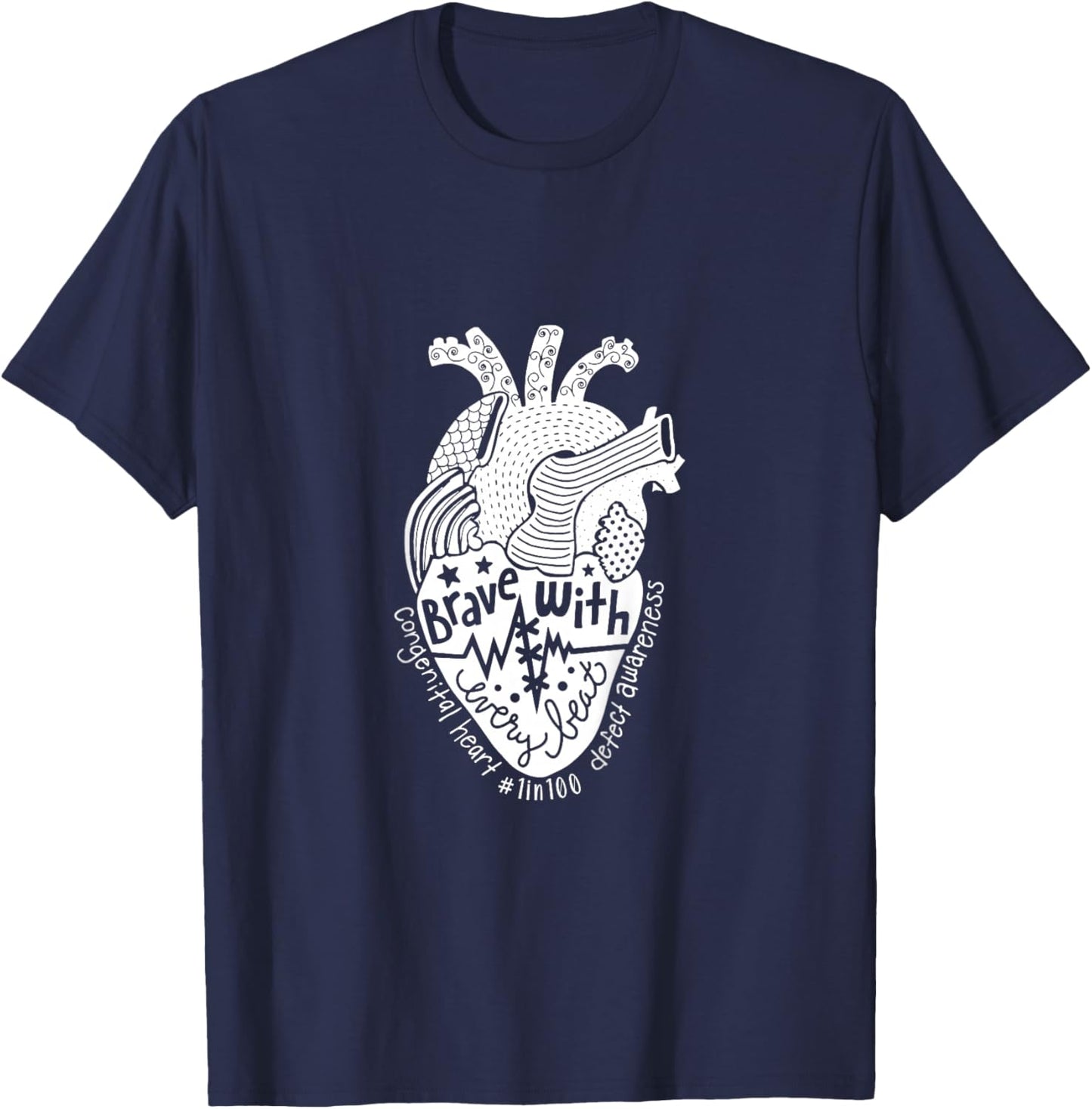 Kids Brave With Every Beat Congenital Heart Warrior 1 In 100 CHD T-Shirt - T-Shirt | Navy