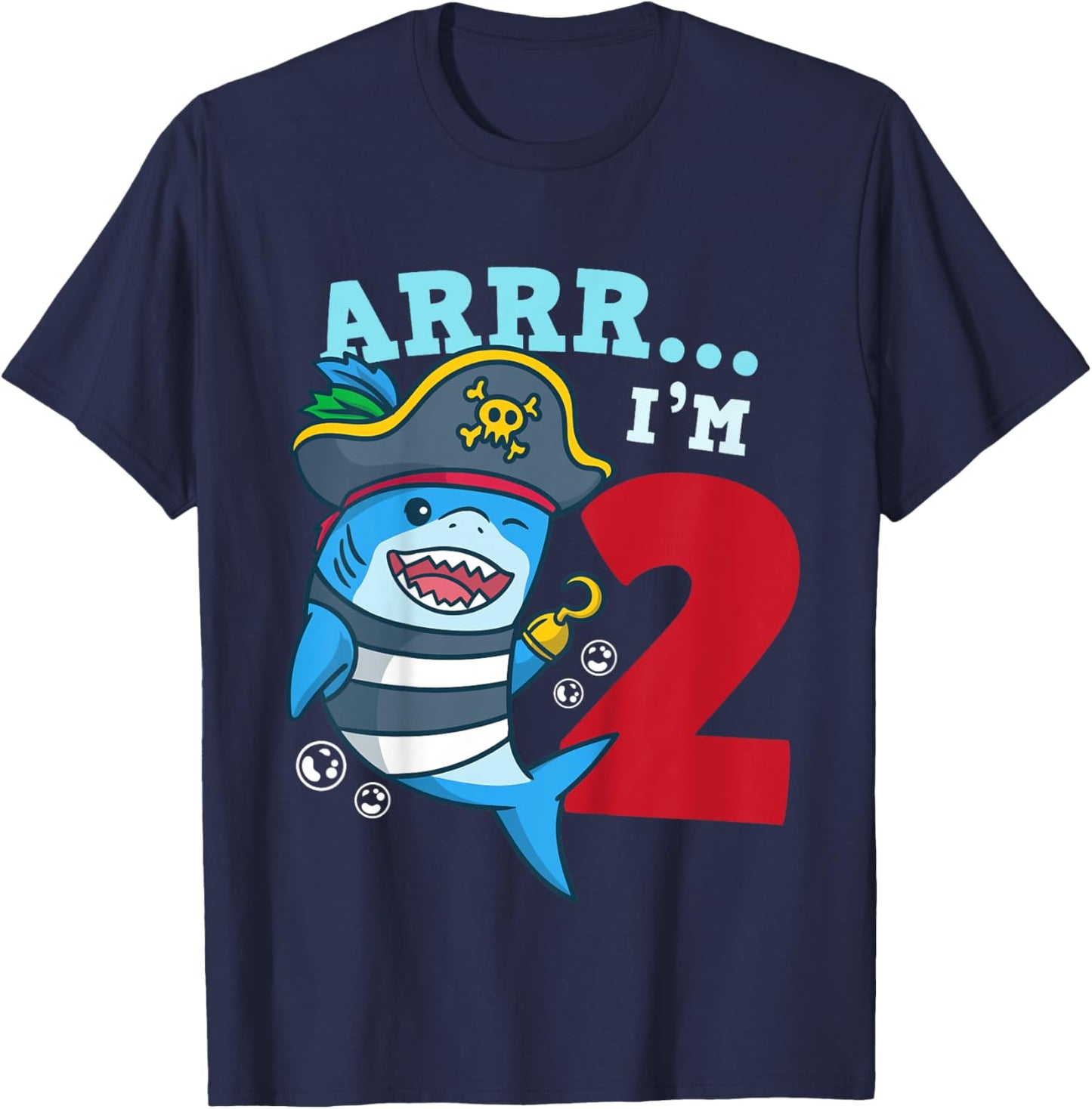 Kids 2nd Birthday Pirate Shark I’m 2 Two Years Old Gift T-Shirt - T-Shirt | Navy