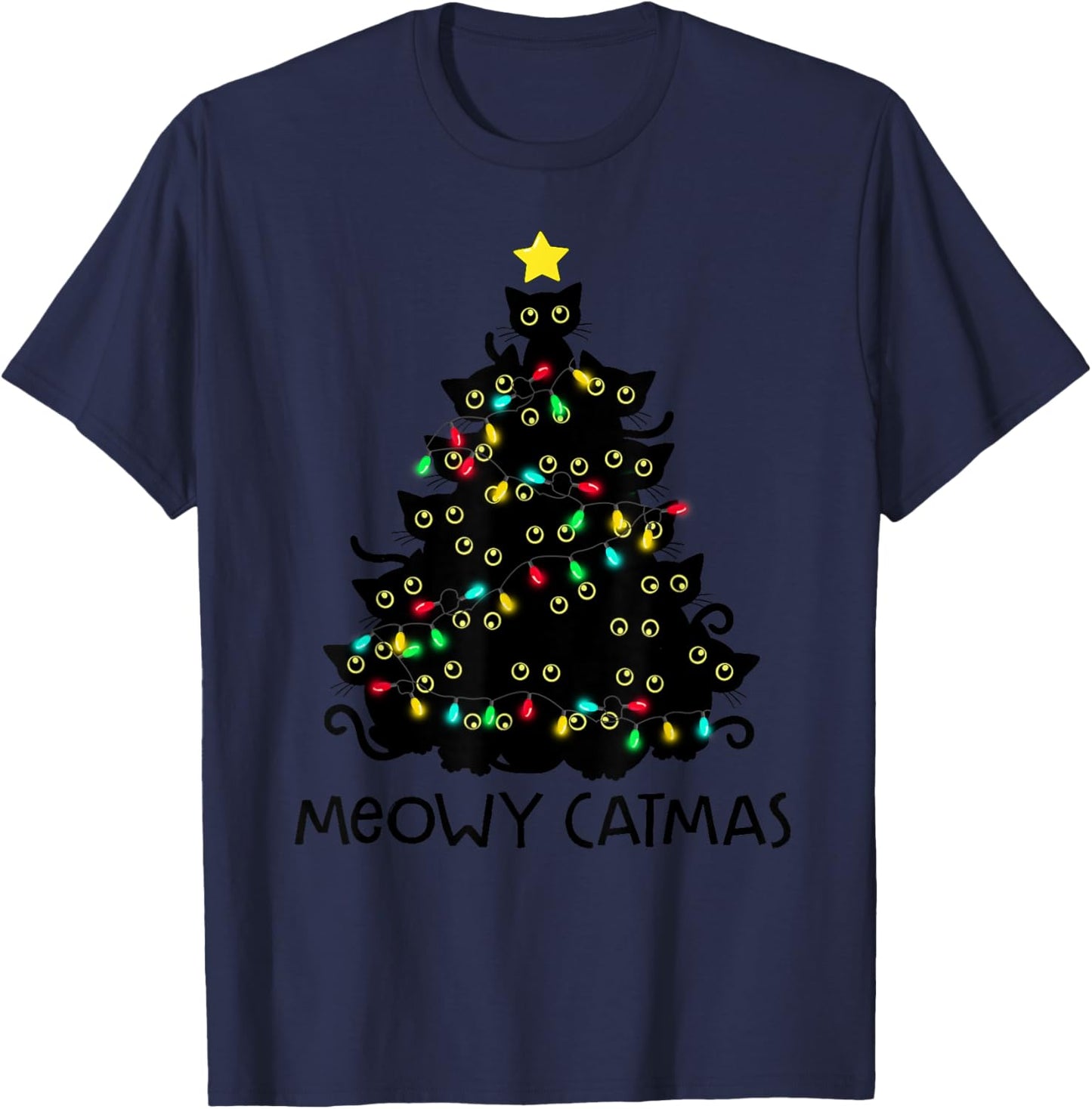 Merry Catmas Cat Christmas Tree Kids Girls Boys Meowy Catmas T-Shirt - T-Shirt | Navy