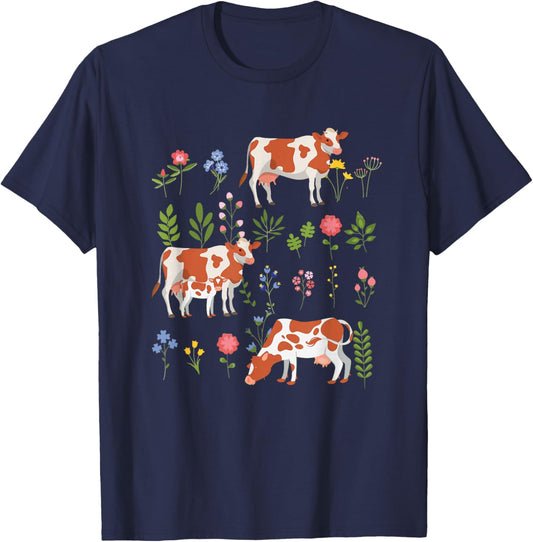 Cow Lover Floral Botanical Cottagecore Aesthetic Farm Life T-Shirt - T-Shirt | Navy