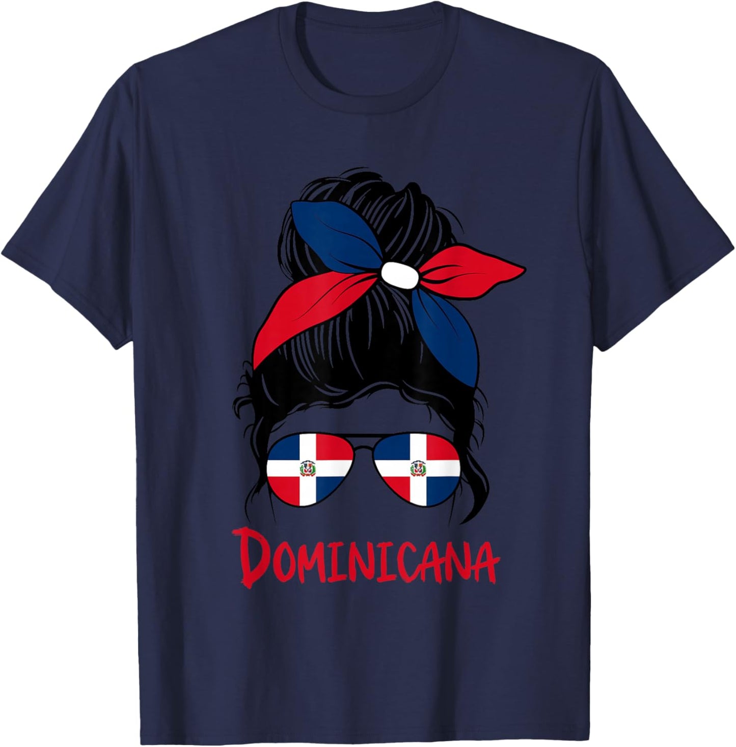 Dominican girl messy bun with sunglasses bow in Dominicana T-Shirt - T-Shirt | Navy