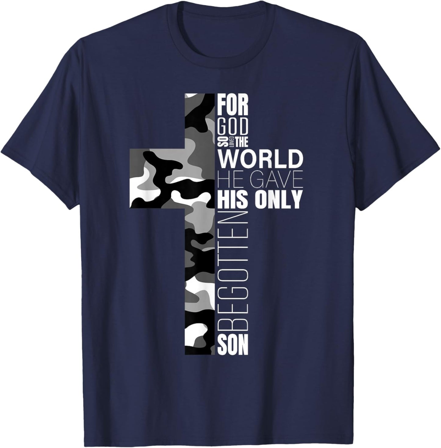 Camo Christian Cross Bible Verse Gifts Men Kids John 3 16 T-Shirt - T-Shirt | Navy