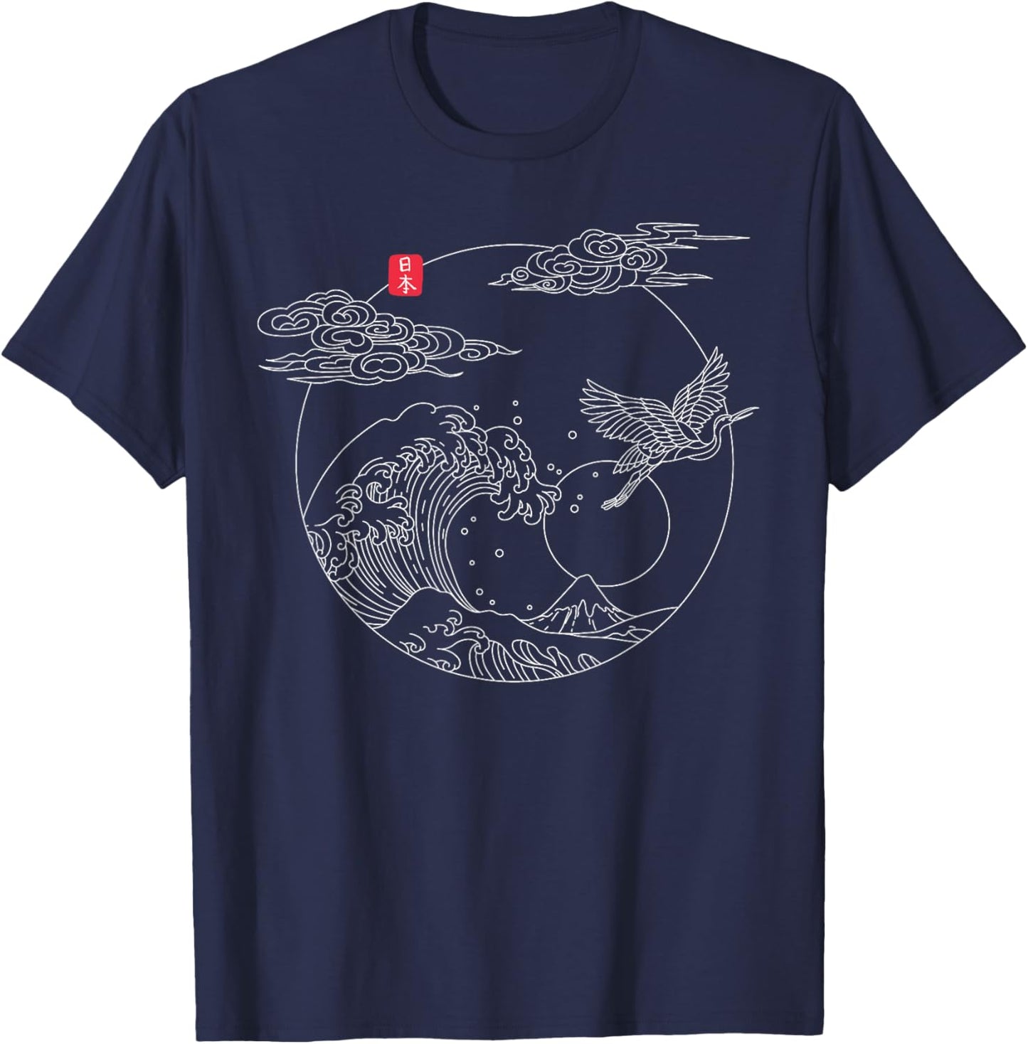 Japanese Vintage Line Art Crane The Great Wave off Kanagawa T-Shirt - T-Shirt | Navy