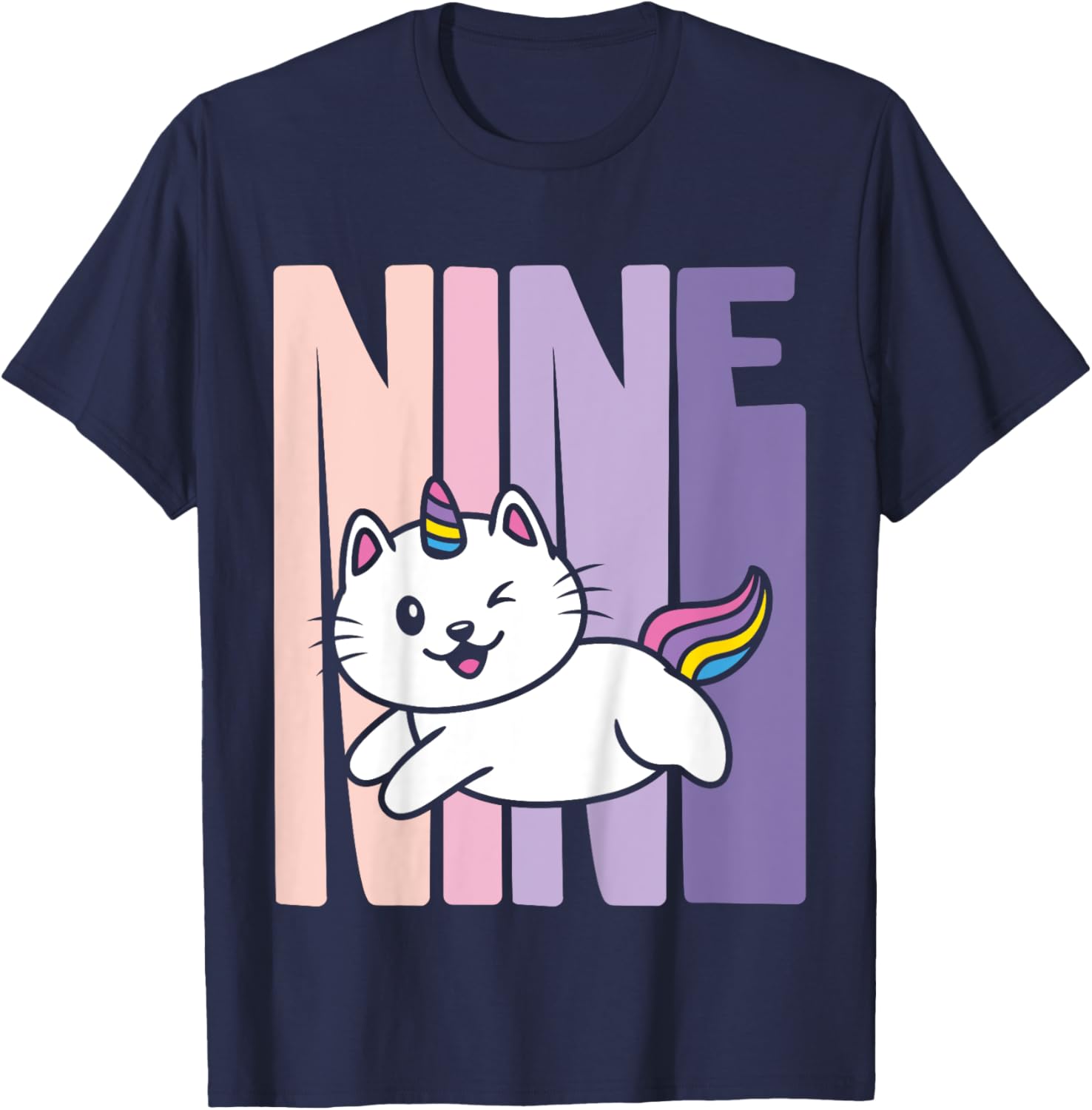 9 Year Old Cute Caticorn Cat Unicorn Birthday Girl B-day T-Shirt - T-Shirt | Navy